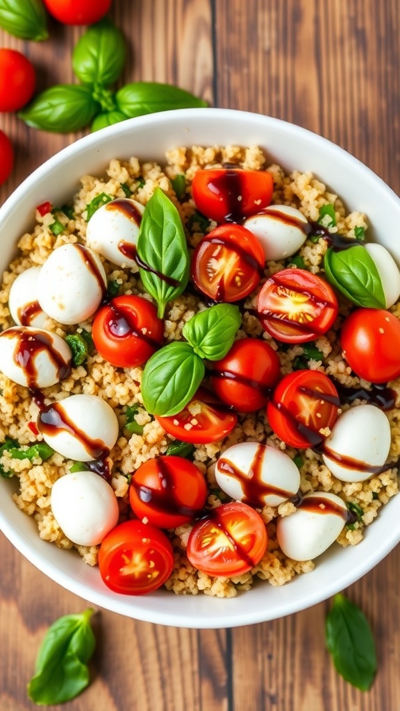 A colorful Caprese quinoa salad with tomatoes, mozzarella, and basil on a wooden table.